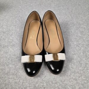 Salvatore Ferragamo Shoes Womens Size 5 Black White Patent Bow Block Heel Italy